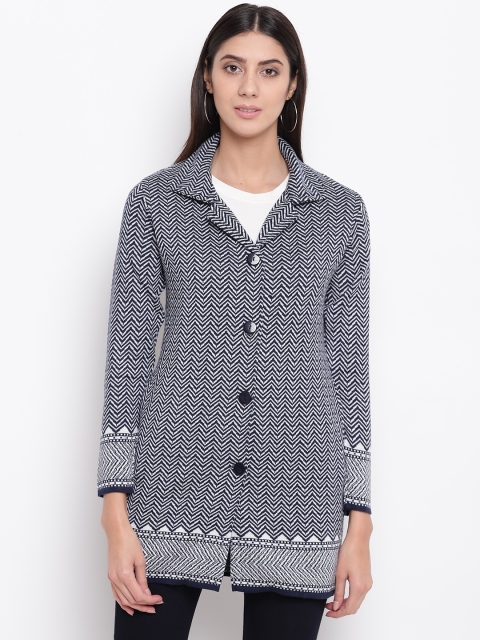 

American Eye Women Navy & White Chevron Design Longline Cardigan, Navy blue