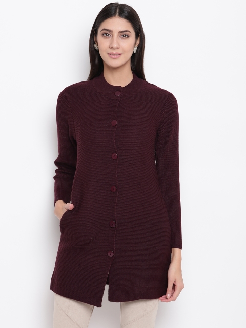 

American Eye Women Burgundy Ribbed Longline Cardigan