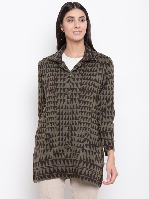 

American Eye Women Olive Green & Black Self-Design Longline Cardigan