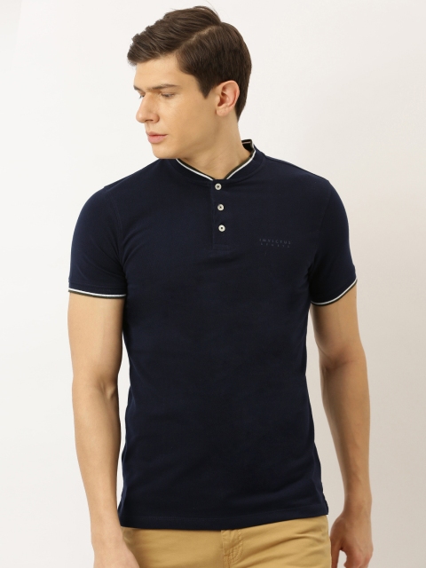 Men Navy Blue Solid Mandarin Collar Pure Cotton T-shirt