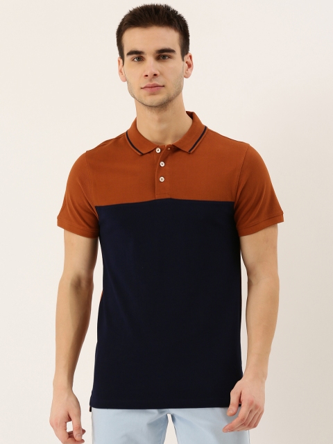 

INVICTUS Men Rust Orange & Navy Blue Colourblocked Polo Collar T-shirt