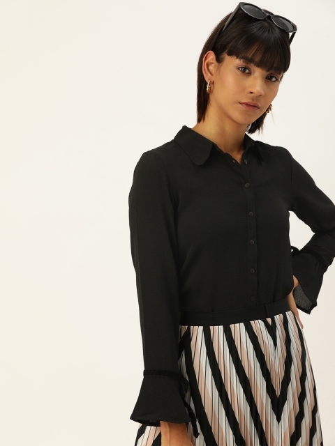

her by invictus Women Black Regular Fit Solid Bell Sleeved Casual Shirt