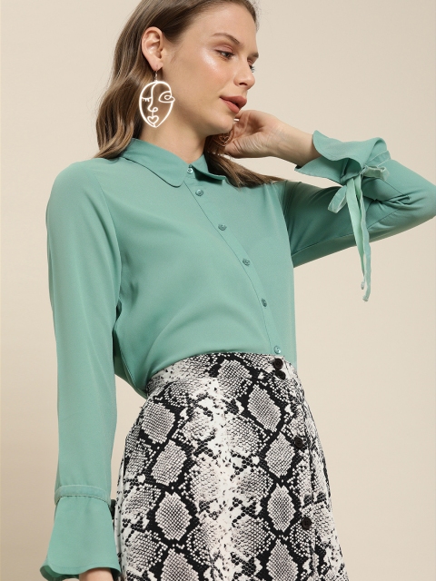 

her by invictus Women Sea Green Regular Fit Solid Casual Shirt