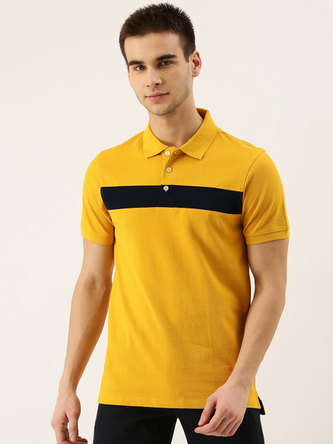 

INVICTUS Men Mustard Yellow & Black Striped Polo Collar T-shirt