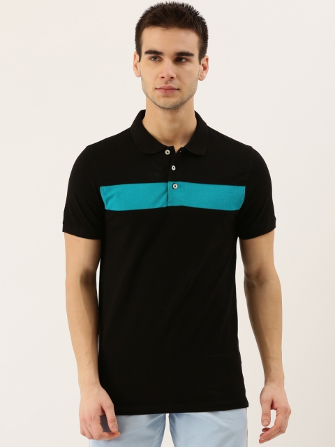 

INVICTUS Men Black & Turquoise Blue Colourblocked Polo Collar T-shirt