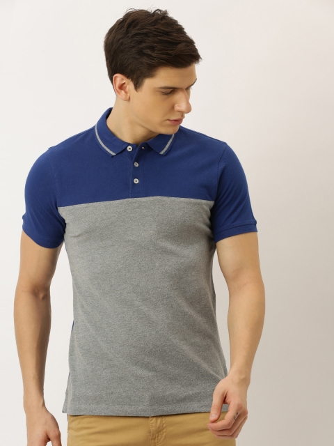 

INVICTUS Men Grey & Navy Blue Colourblocked Polo Collar T-shirt