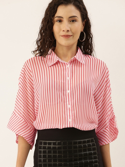 

her by invictus Women White & Red Boxy Striped Casual Shirt