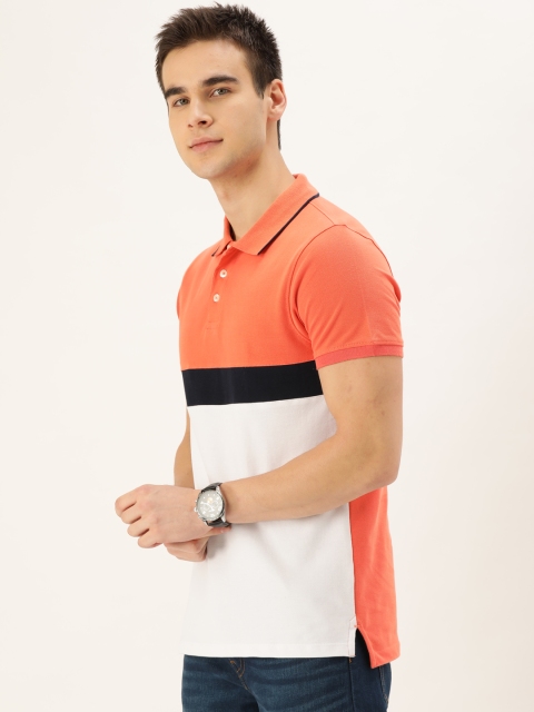 

INVICTUS Men Coral Colourblocked Polo Collar T-shirt