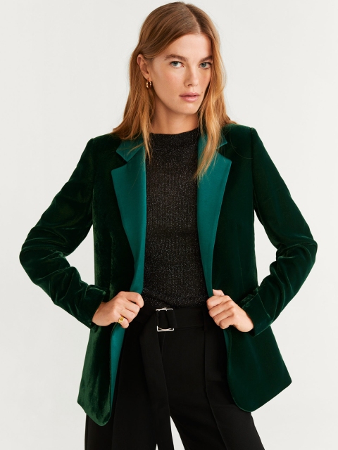 

MANGO Women Green Velvet Finish Casual Blazer