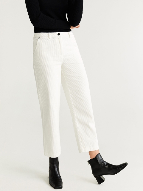 

MANGO Women White Regular Fit Corduroy Solid Cropped Trousers