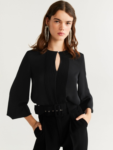 

MANGO Women Black Solid Top With Keyhole Neck
