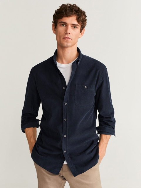 

MANGO MAN Men Navy Blue Regular Fit Solid Casual Corduroy Shirt