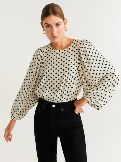 

MANGO Women Cream-Coloured & Black Polka Dot Print Top