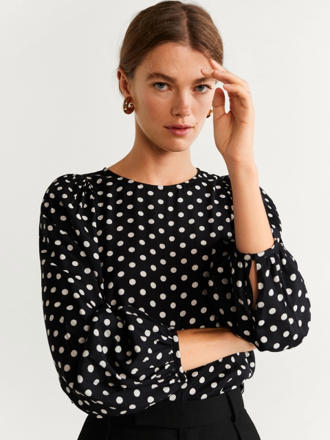 

MANGO Women Black & White Polka Dot Print Top