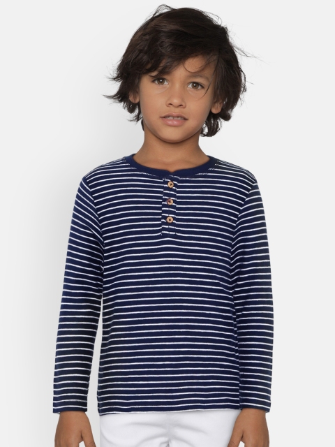 

Mango Kids Boys Navy Blue & White Striped Henley Neck T-shirt
