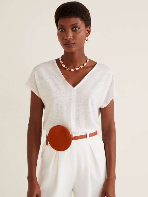 

MANGO Women White Solid V-Neck T-shirt