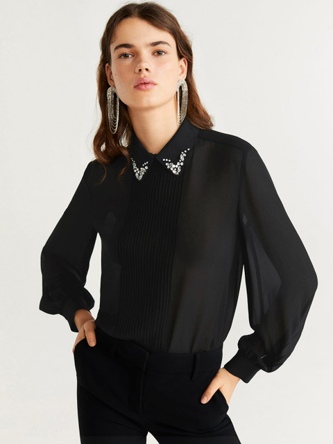 

MANGO Women Black Solid Top With Embellished Collar