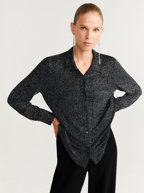 

MANGO Women Black Regular Fit Solid Casual Shirt With Shimmer Detail