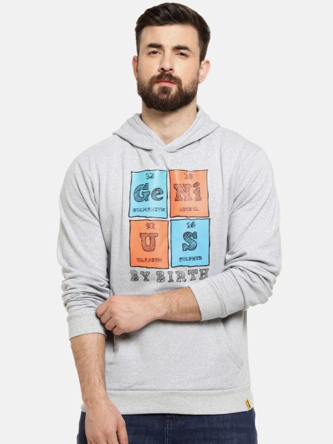 

Campus Sutra Men Grey & Blue Printed Hooded Sweatshirt