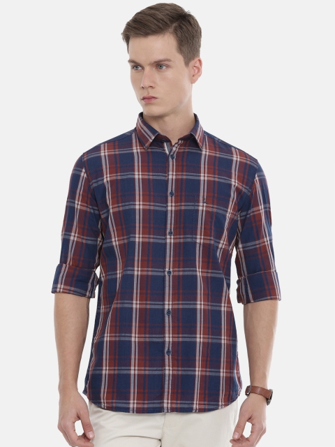 

Parx Men Navy Blue & Maroon Slim Fit Checked Casual Shirt