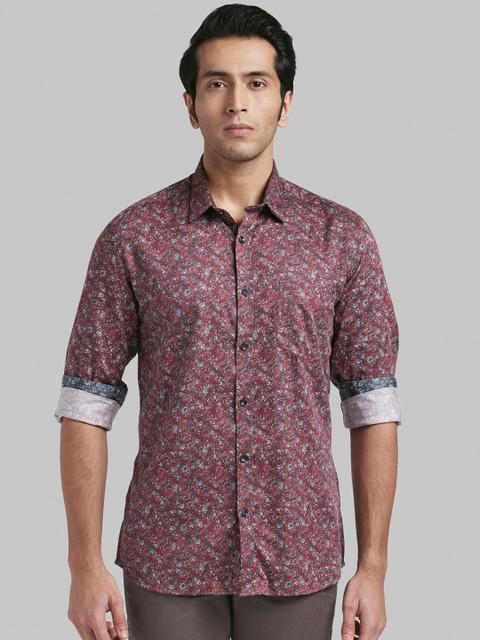 

Parx Men Red & Grey Slim Fit Floral Printed Pure Cotton Casual Shirt