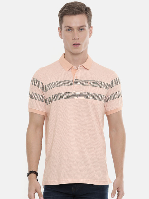 

Parx Men Peach-Coloured & White Striped Polo Collar T-shirt