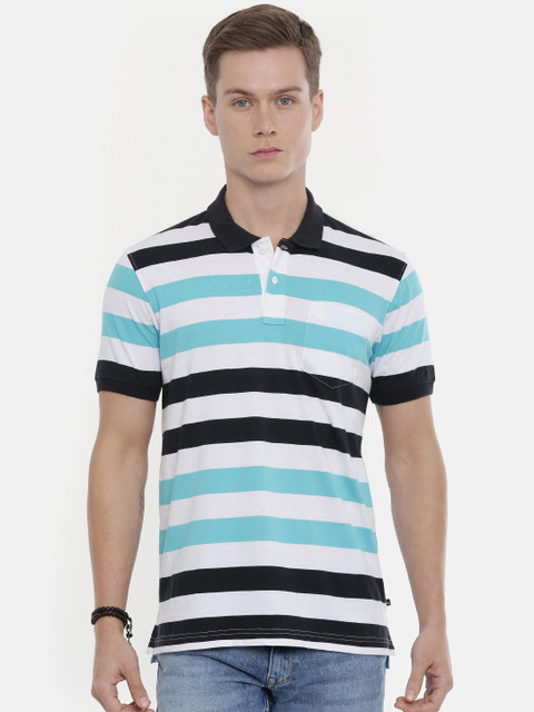 

Parx Men White Blue Striped Polo Collar Pure Cotton T-shirt