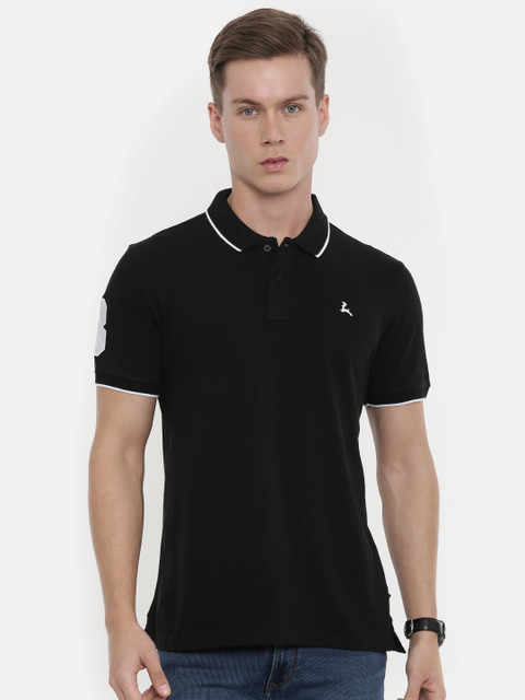 

Parx Men Black Solid Polo Collar Pure Cotton T-shirt With Applique Detail