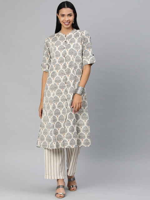 

Divena Women Cream-Coloured & Green Printed Straight Kurta