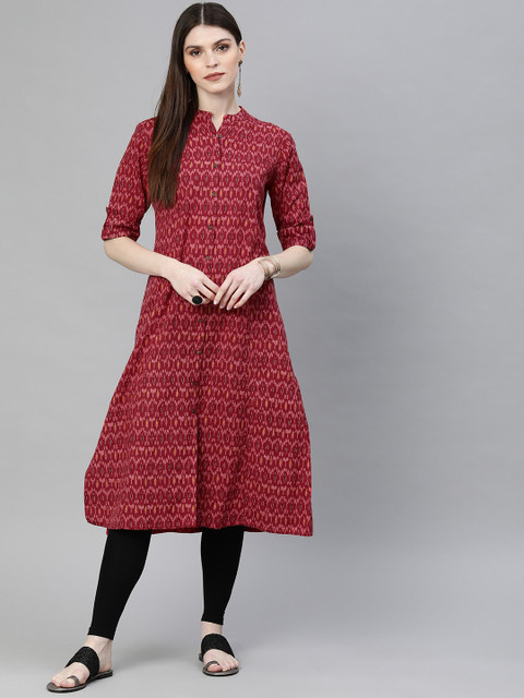 

Divena Women Maroon & Pink Ikat Printed A-Line Khadi Kurta