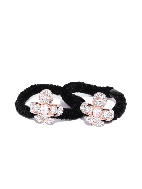 

Priyaasi Set Of 2 Black Rose Gold-Plated AD Studded Floral Ponytail Holders