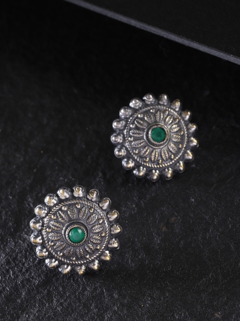 

Priyaasi Oxidised Green German Silver-Plated Stone Studded Circular Studs