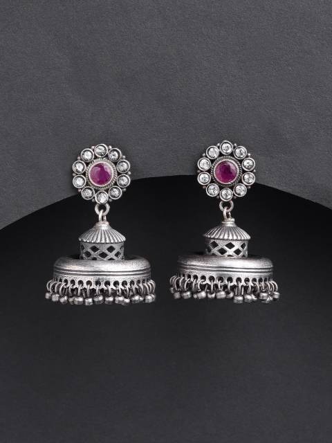

Priyaasi Oxidised Gunmetal-Toned & Purple Silver-Plated Stone Studded Dome Shaped Jhumkas, Metallic