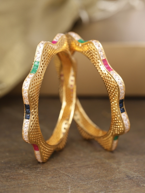 

Priyaasi Set of 2 Green & Pink Gold-Plated Stone Studded Handcrafted Bangles