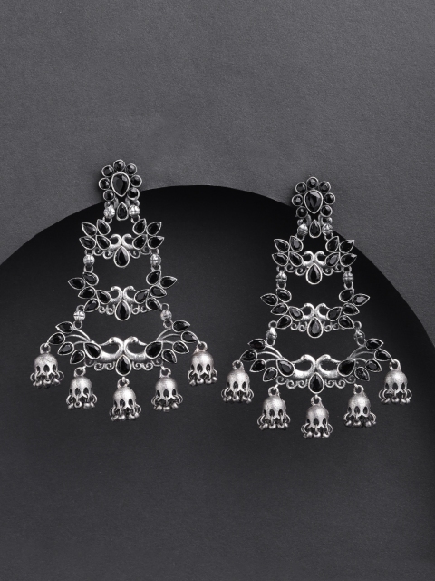 

Priyaasi Oxidised Black German Silver-Plated Oynx Studded Peacock Shaped Drop Earrings
