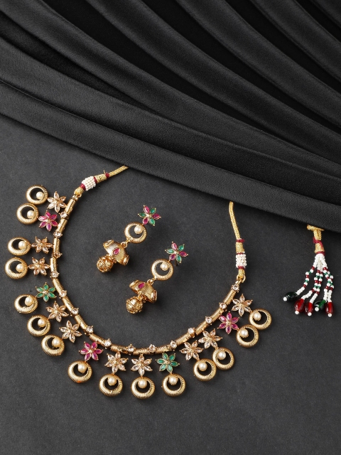 

Priyaasi Pink & Green Gold-Plated Handcrafted Stone-Studded & Beaded Jewellery Set