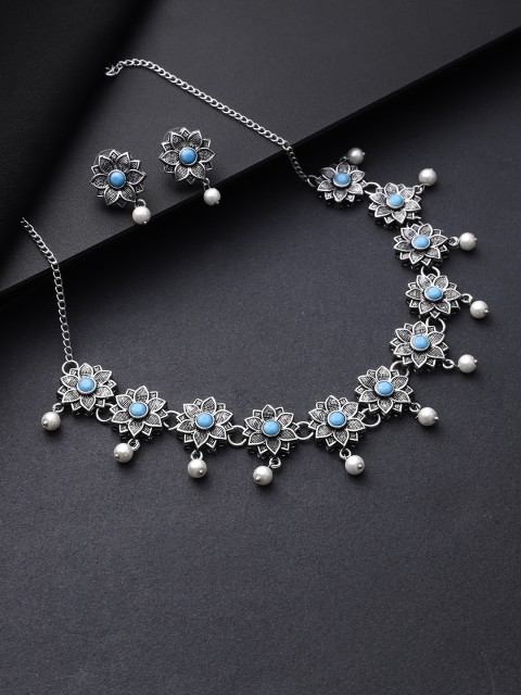 

Priyaasi Turquoise Blue Oxidised Silver-Plated Handcrafted Stone Studded Jewellery Set