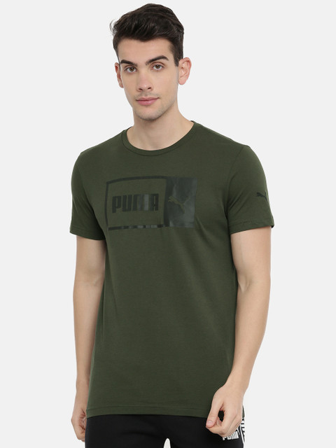 

Puma Men Olive Green Printed Logo Split Slim Fit Round Neck T-shirt