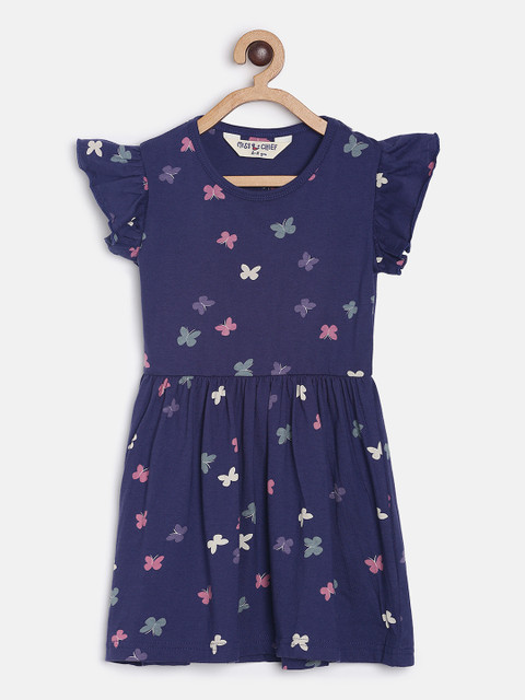 

Miss & Chief Girls Navy Blue Butterfly Printed Fit and Flare Dress