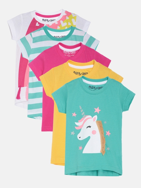 

Miss & Chief Girls Pack Of 5 Printed Round Neck T-shirts, Sea green