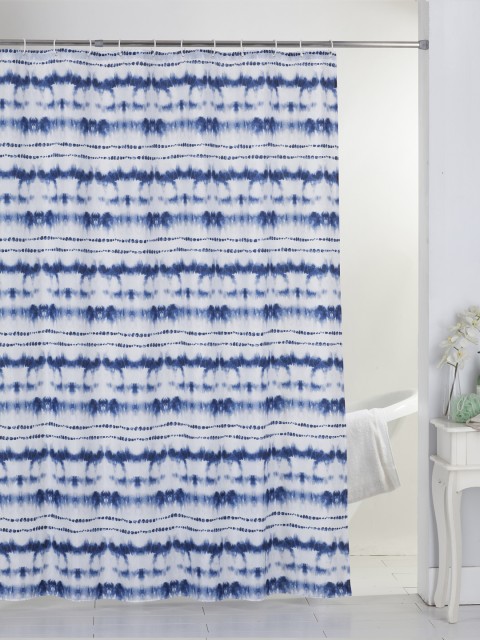 

BIANCA Navy Blue & White Tie and Dye Print Waterproof Shower Curtain With 12 Piece Hooks