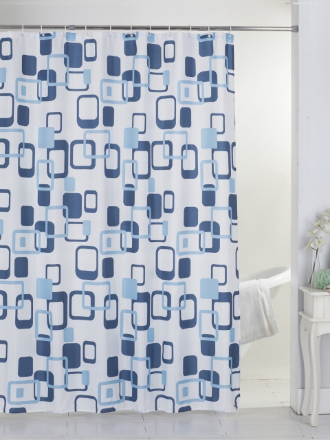 

BIANCA Teal Blue & White Printed Waterproof Single Shower Curtain With 12 Piece Hooks