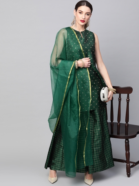 

AKS Women Green & Golden Self Design Kurta with Palazzos & Dupatta