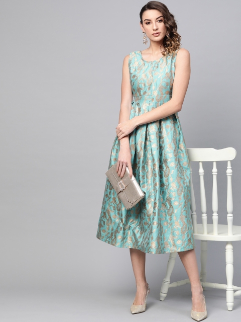 

AKS Women Blue & Golden Self Design A-Line Dress
