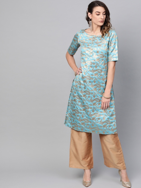 

AKS Women Blue & Golden Brocade Woven Design Straight Kurta