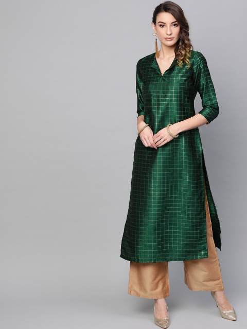 

AKS Women Green & Golden Checked Straight Kurta