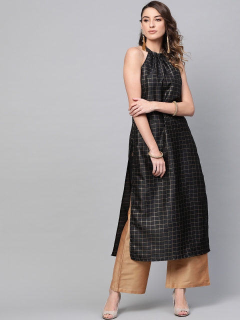 

AKS Women Black & Golden Checked Straight Kurta