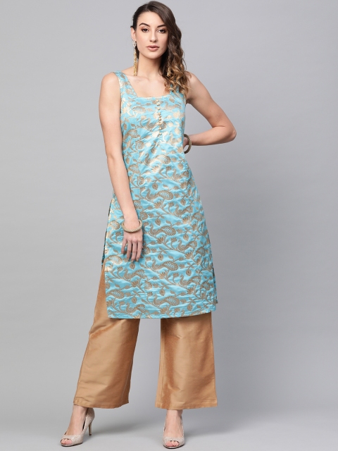 

AKS Women Blue & Golden Brocade Woven Design Straight Kurta