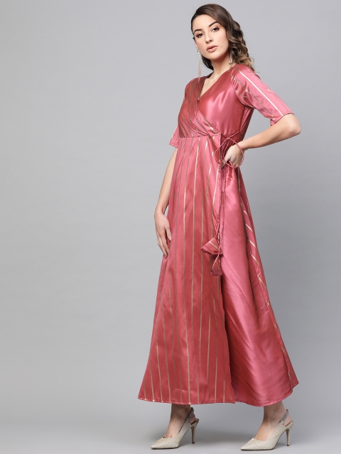 

AKS Women Pink & Golden Jacquard Striped Maxi Dress