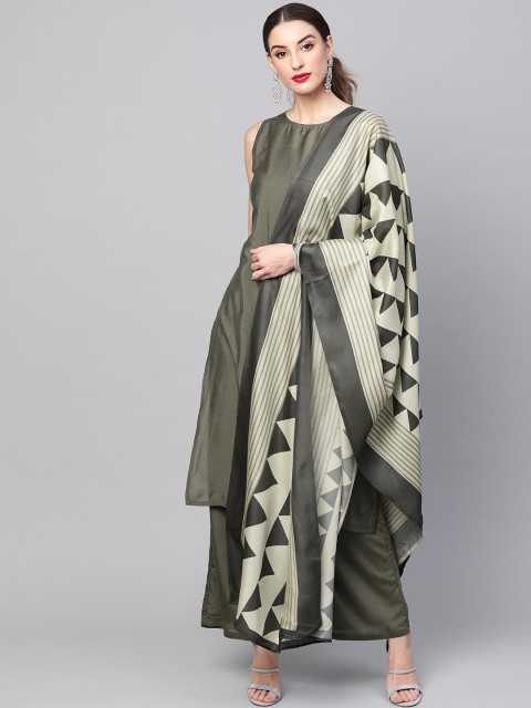 

AKS Women Olive Green & Off-White Solid Kurta with Palazzos & Dupatta